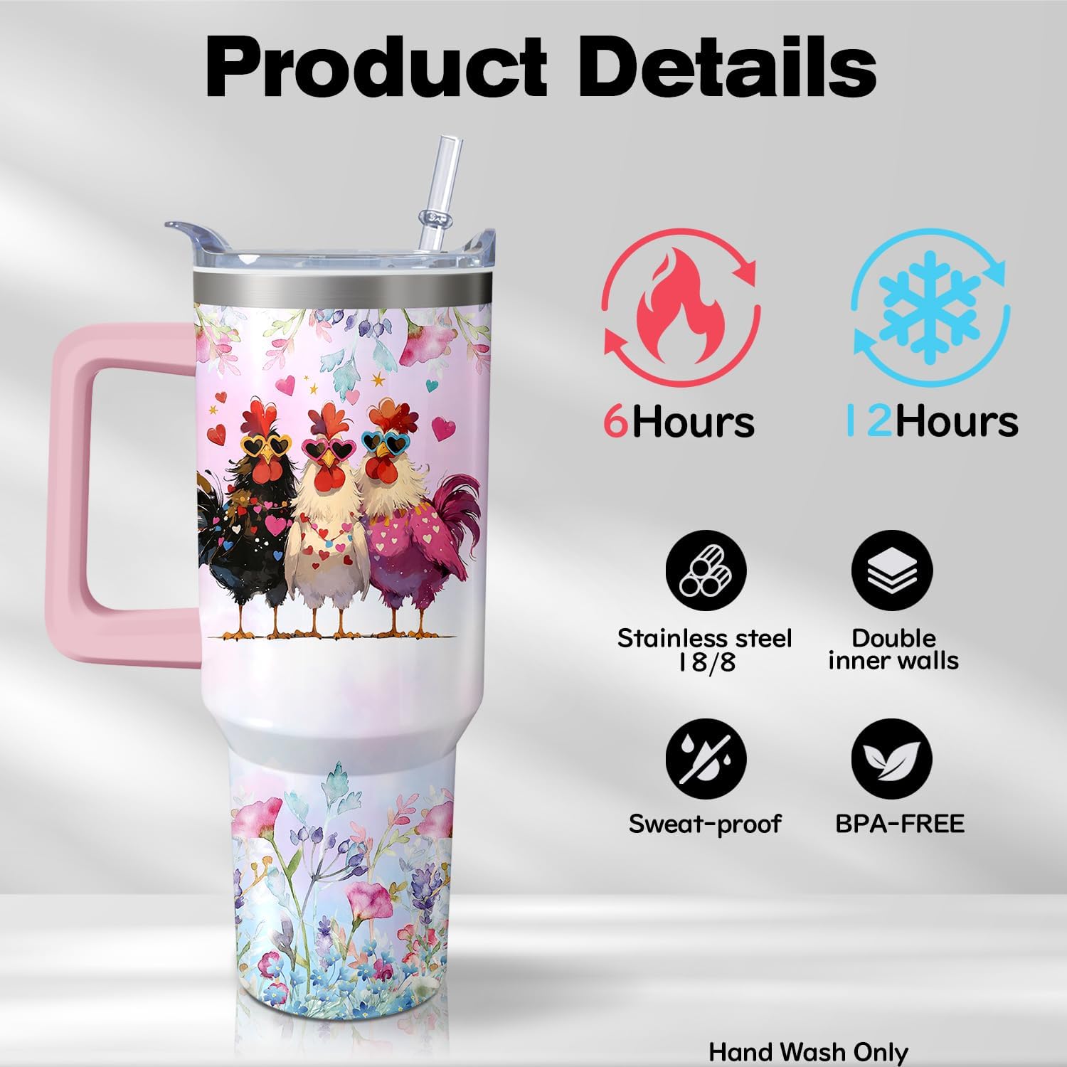40oz Chicken Stainless Steel Tumbler with Handle and Straw, Hen Insulated Cup Travel Coffee Mug Water Bottle with Lid and Straw, Animal Lovers Women Gifts - Image 3