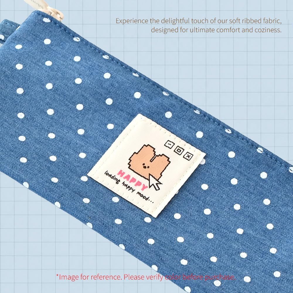 Monolike Happy and Lucky Denim Dot Pencil Case, Blue - Slim Corduroy Style Cotton Pen Pouch, Cute Aesthetic Pastel Stationery Organizer for Office image 4
