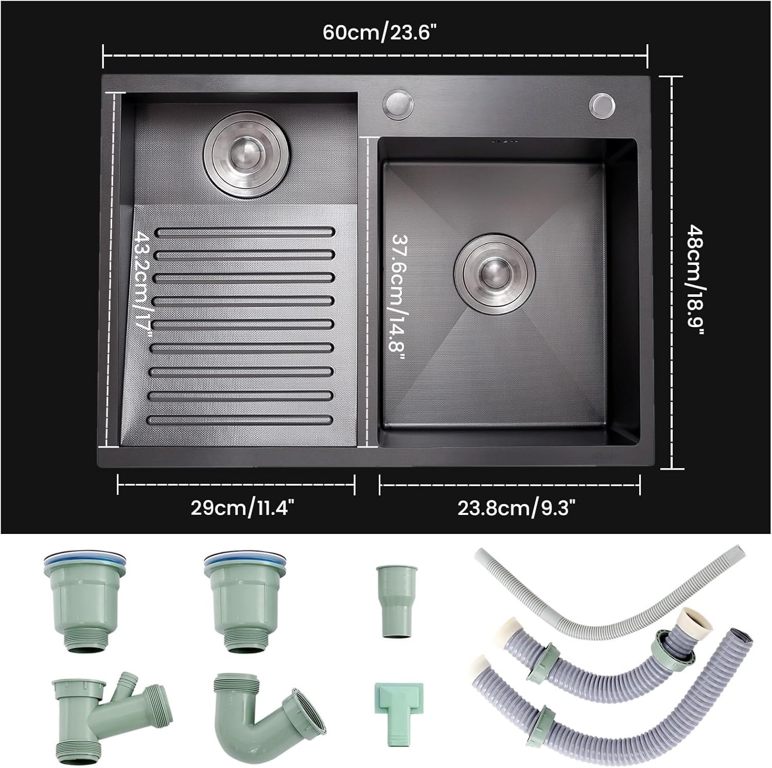 SUS Laundry Utility Sink, Large Washing Sink With Integrated Scrub Board & Basin, Household Double Bowl Washing Pool With Drain Kits, For Laundry Room, Balcony, Basement(Black-A,60x48x22cm)