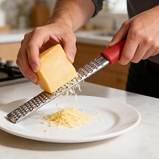 Cheese Grater and Lemon Zester, Stainless Steel Handheld Rasp with Red Grip, Fine Shaving Tool for Citrus Peel, Garlic, Chocolate, and Garnishes, 1 Piece