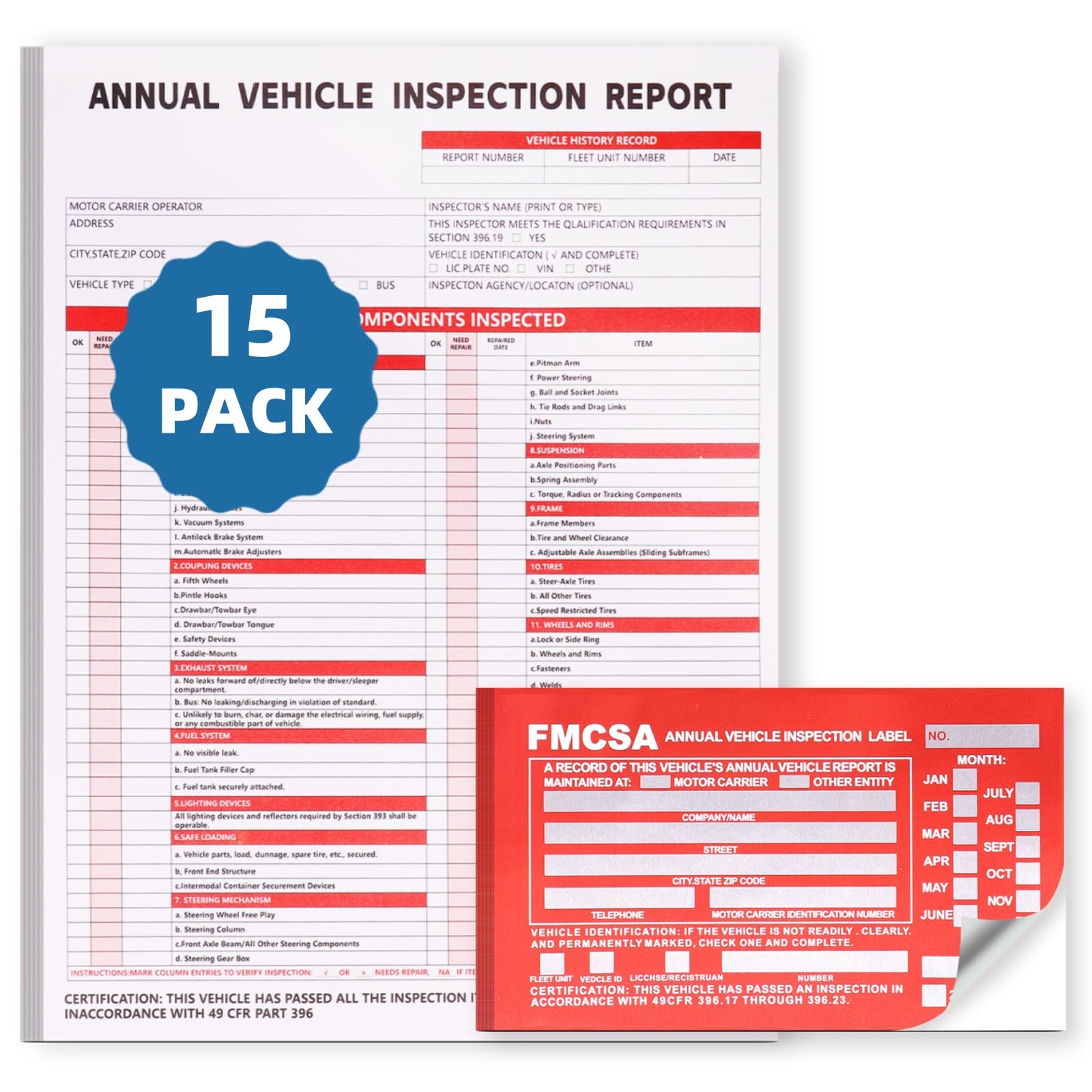 15-Pack Annual Vehicle Inspection Report Form, 3-Ply Carbonless Form and Hardboard, Includes 15-Pk Red FMCSA DOT Permanent Aluminum Adhesive Stickers,