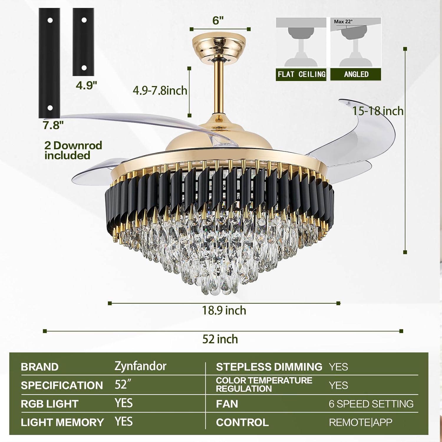 52" Bluetooth Ceiling Fan with Speaker, RGB-LED Dimmable Light 6 Speeds Reversible Blades Modern Fandelier Chandelier with Remote APP Control Memory Timer Function for Bedroom Gold