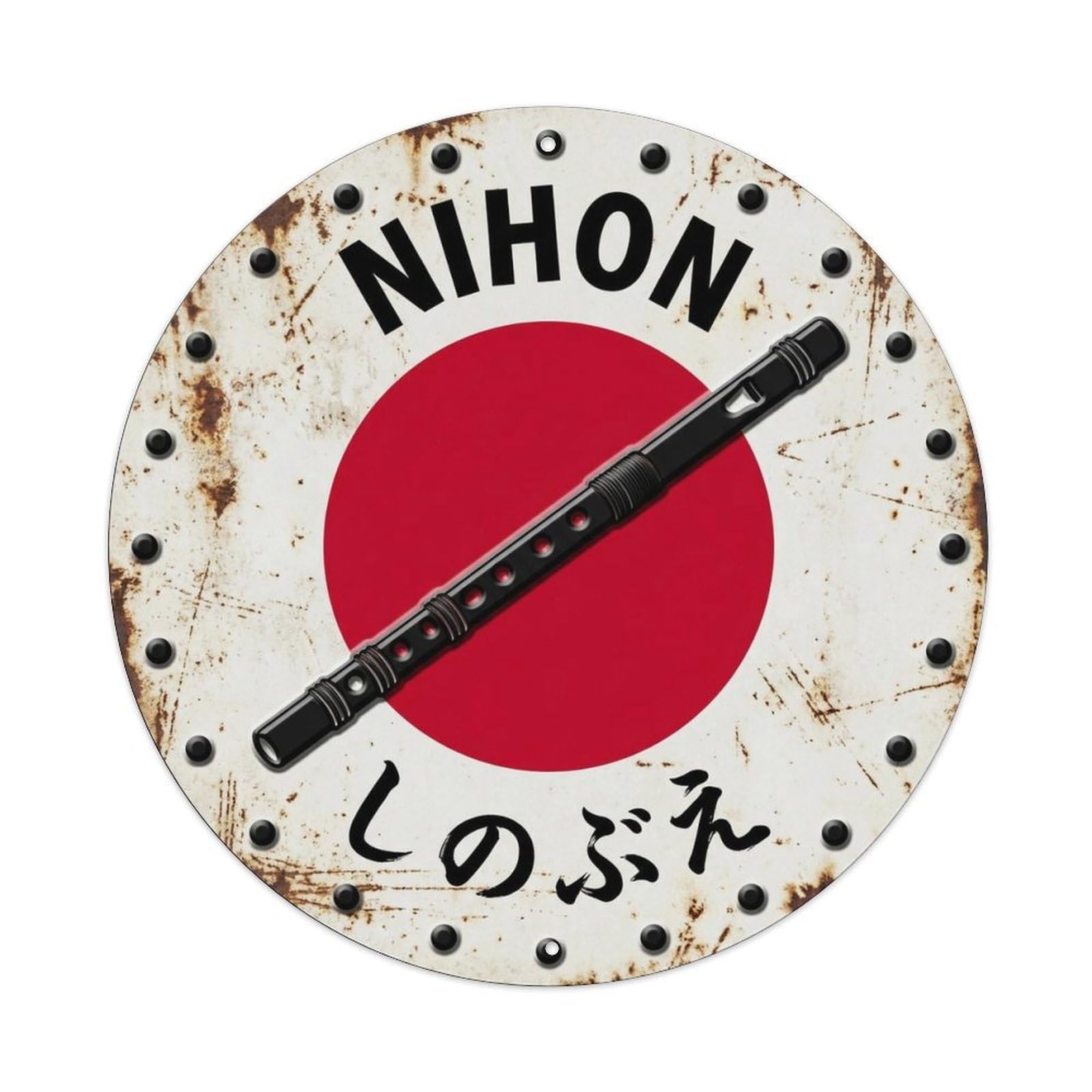 Shinobue Flute Nihon Festival Pipe Vintage Folk Crest Metal Tin Sign Plaque Wall Decor for Cafe, Man Cave, Club Bar, Office, Home Garden Round Metal Poster 8x8Inch