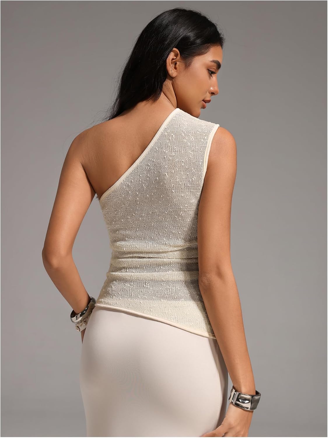 MakeMeChic Women's One Shoulder Tank Tops Ruched Knit Sleeveless Fitted Shirt - Image 2