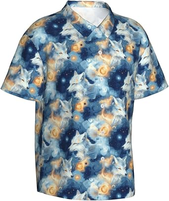 Funny Hawaiian Shirts for Men - Starry Fox Print Mens Button Down Short Sleeve Shirt Beach Casual