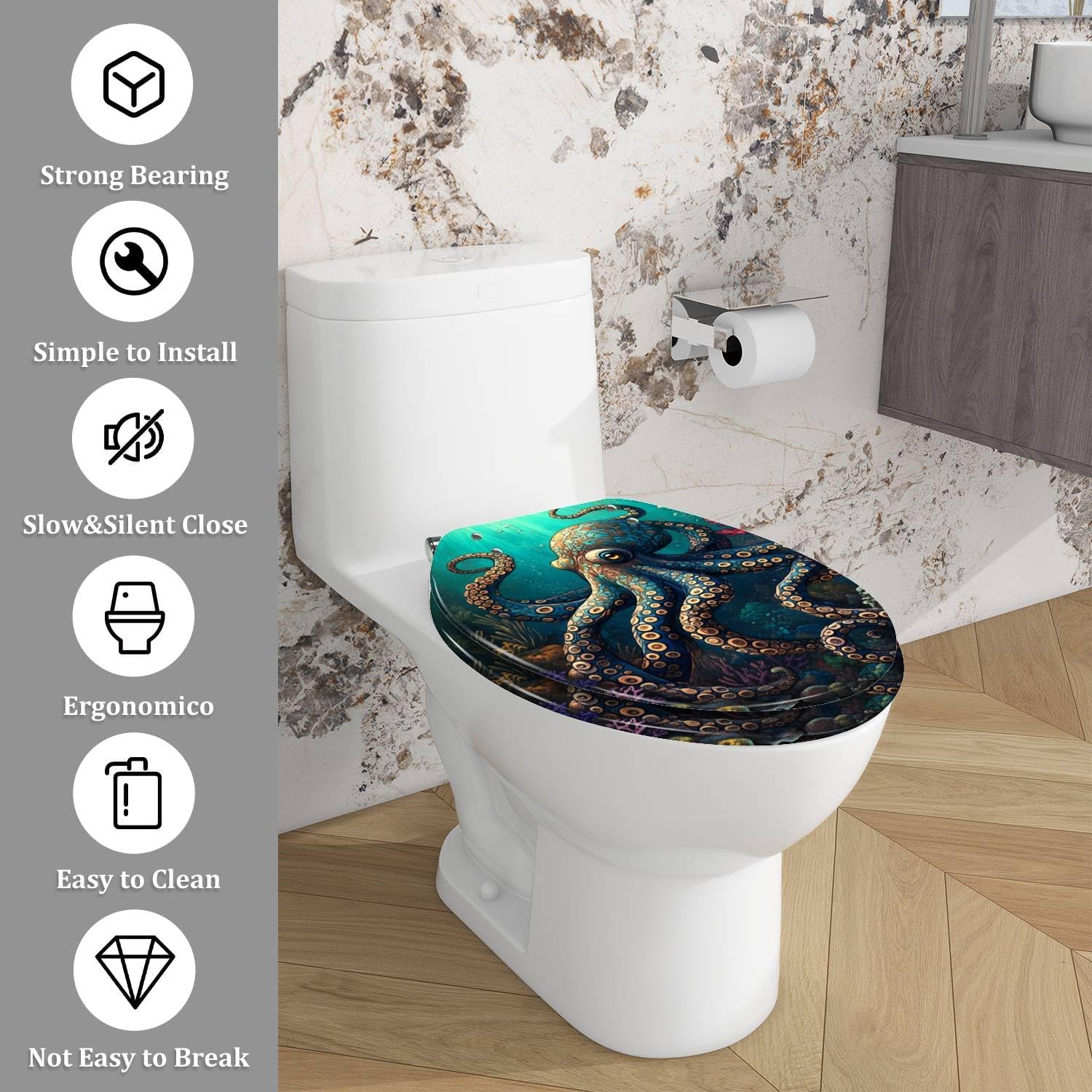 Elongated Toilet Seat Teal Blue Ocean Octopus Coral Reefs Art Resin Toilet Seat Easy to Install Quietly Close Quick Release Hinges Decorative Toilet Seat with Cover