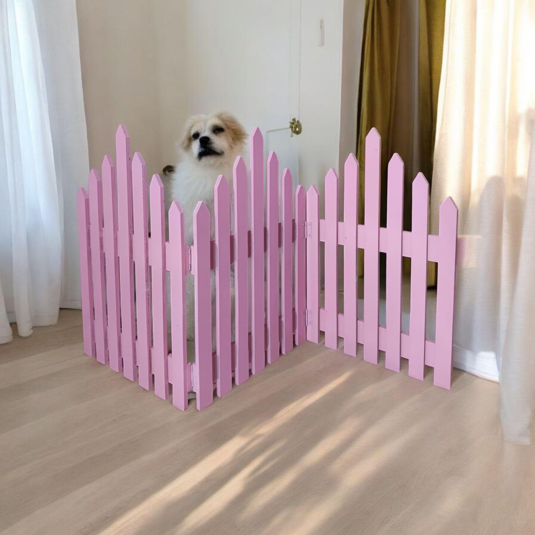 EMIWUD FURNITURE Portable Pet Safety Gate | Indoor Wooden Pet Barrier | Room Divider for Pets and Baby | Dog Fence partition for Living Room Bedroom (Pink, Standard)-image-8