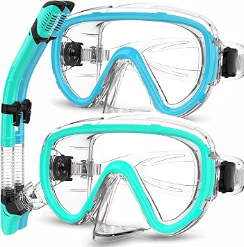 2-Pack Snorkel Gear for Adults | Enhanced Anti-Fog & Anti-Leak Snorkeling Mask | Breath-Free Dry Snorkel | 180 Panoramic View with Quick-Dry Bags, SkyBlue+Lightblue