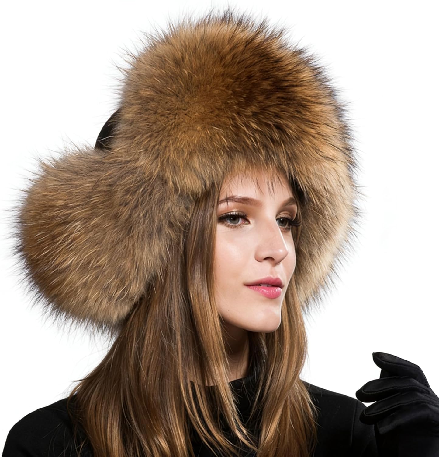 Women's Winter Fox Fur Hat with Ear Flaps, Warm Windproof Ski Cap with Furry Pom-Poms, Fashionable Cold Weather Trapper Hat,Burgundy,Cloth top