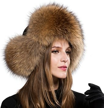 Womens Winter Fox Fur Hat with Ear Flaps, Warm Windproof Ski Cap with Furry Pom-Poms, Fashionable Cold Weather Trapper Hat,Brown,Cloth top
