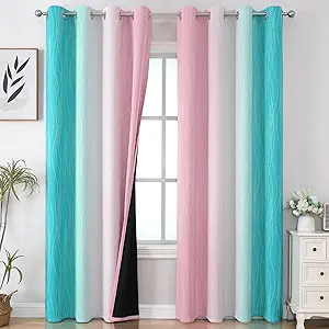 Estelar Textiler Pink and Teal Gradient Blackout Curtains for Bedroom, Thermal Insulated Ombre Drapes 84 Inches Long, Full Room Darkening Energy Saving Curtains for Living Room, 52Wx84L, 2 Panels