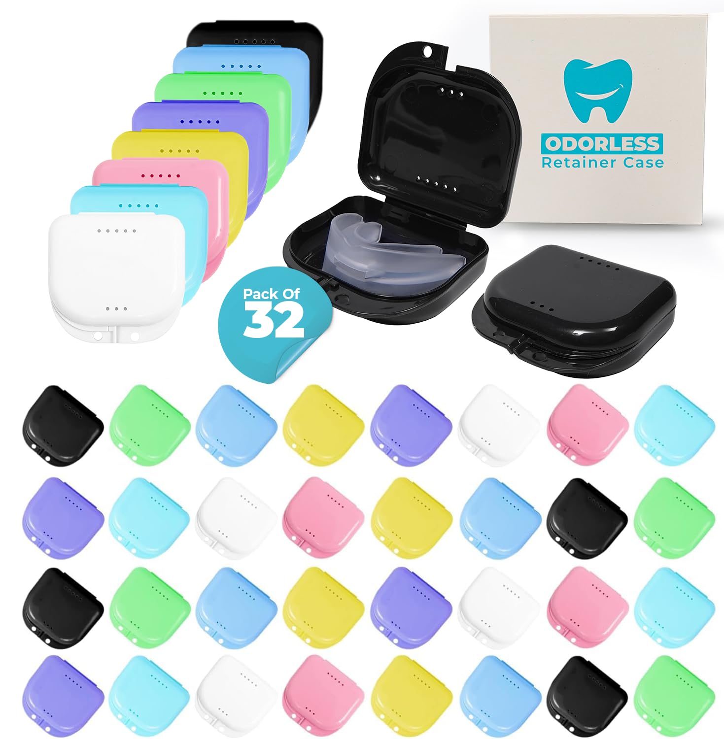 Orthodontic 32 Pcs Retainer Cases Bulk - Mouth Guard Case Holder with Vent Holes - Cute Partial Denture case with Tight Snap Lock-Durable Retainer