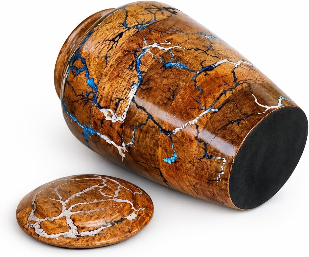 Fractal Wood Burning Turn Wooden Urns For Human Ashes Or Pet Ashes – Thunder Storm Design Cremation Urn | Threaded Lid Opening Urns For Ashes Adult Male/Female (Silver Blue Storm, Large)