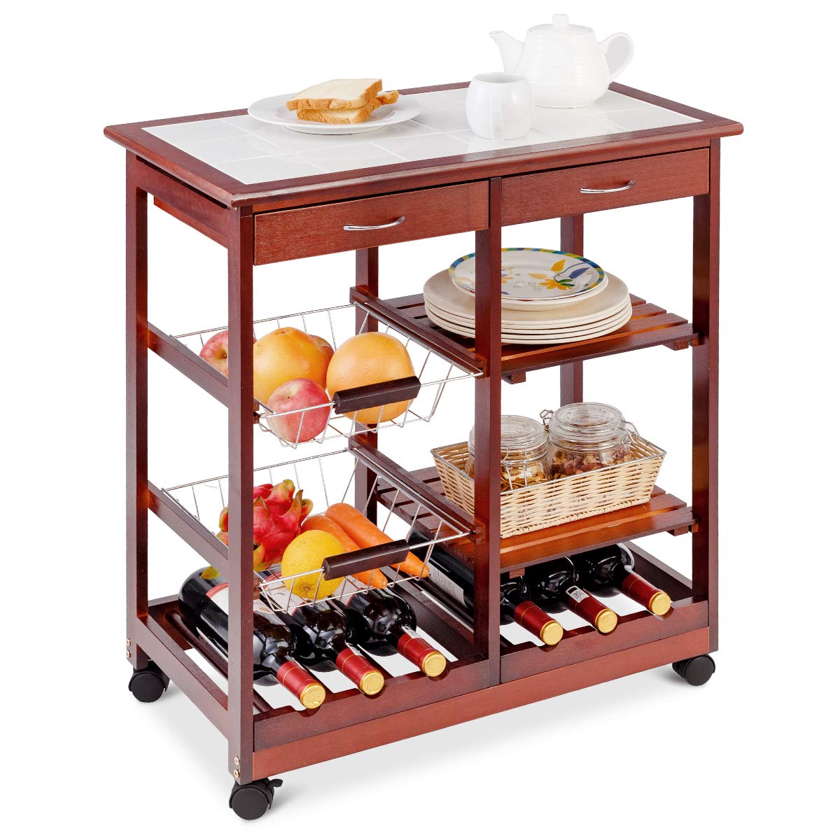 TANGZON Kitchen Trolley on Wheels, Rolling Kitchen Island with Tile Worktop, Wine Racks, Mesh Baskets, Drawers & Slatted Shelves, Wood Utility Serving Cart for Home Bar Dining Living Room (Burgundy)