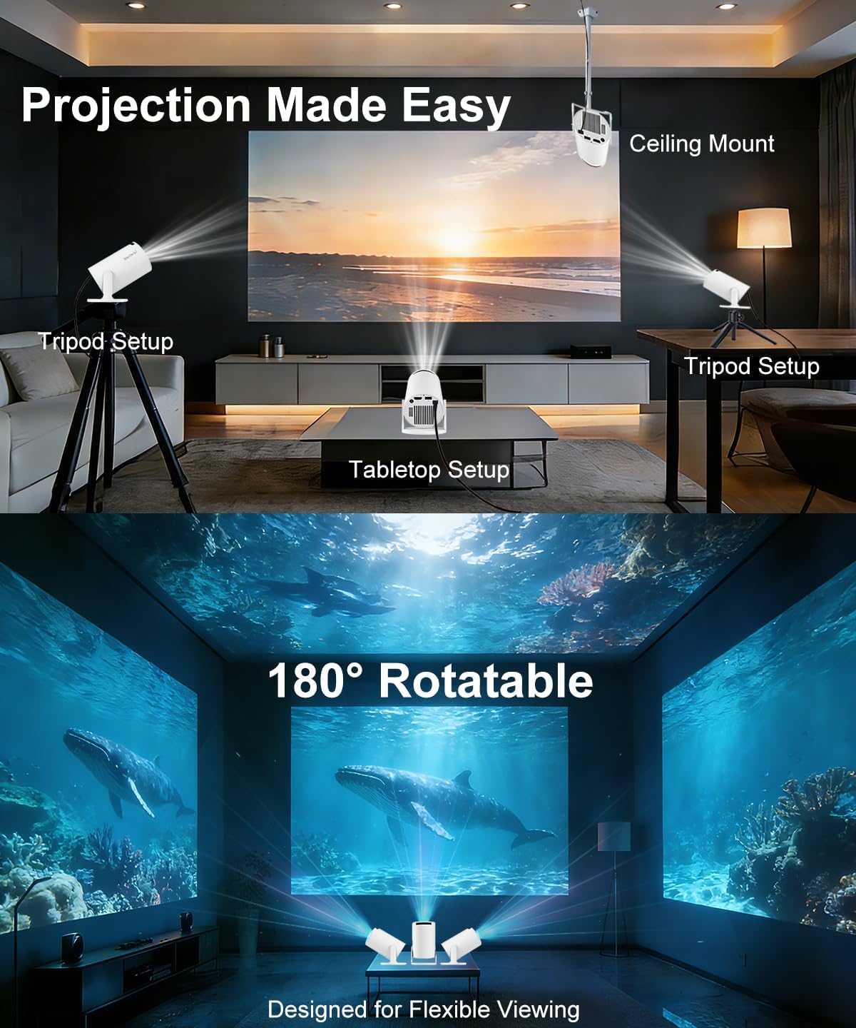 [Built-in Apps, 2026 Upgraded] Mini Projector WiFi 6 Bluetooth 5.4, 35"-130" 1080P Full HD Short Throw Portable Projector for IOS Android Phone Laptop TV Stick HDMI USB