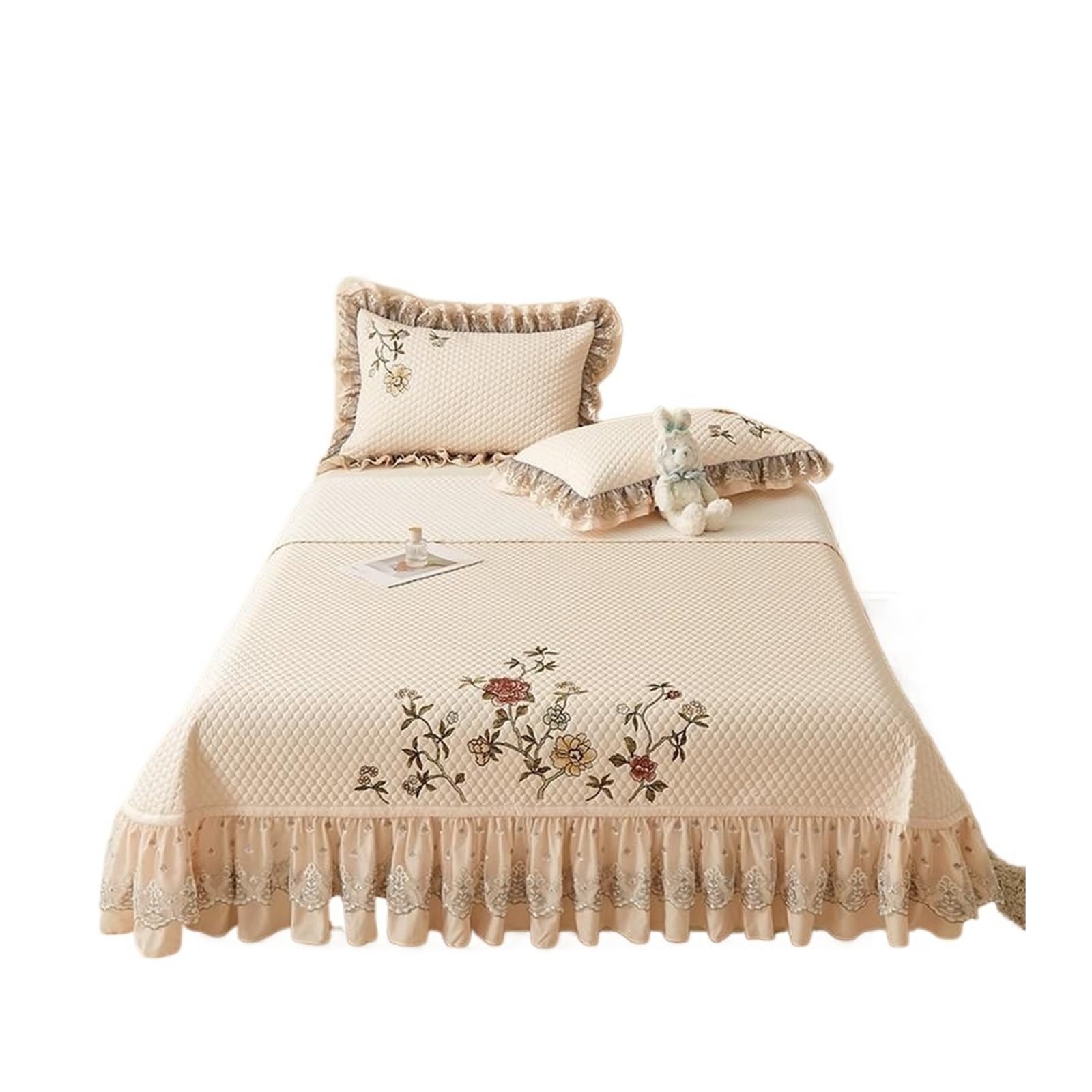 Colcha Cama Juego de Colcha Cama Verano con Volantes Elegantes Bordados, 3 uds., Acolchada Ligera y Suave, 2 ., Fundas Almohada(Khaki)