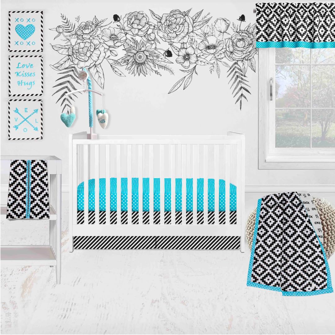 Bacati - 10 Piece Crib Bedding Set with 2 Crib Fitted Sheets - Love Black Turquoise