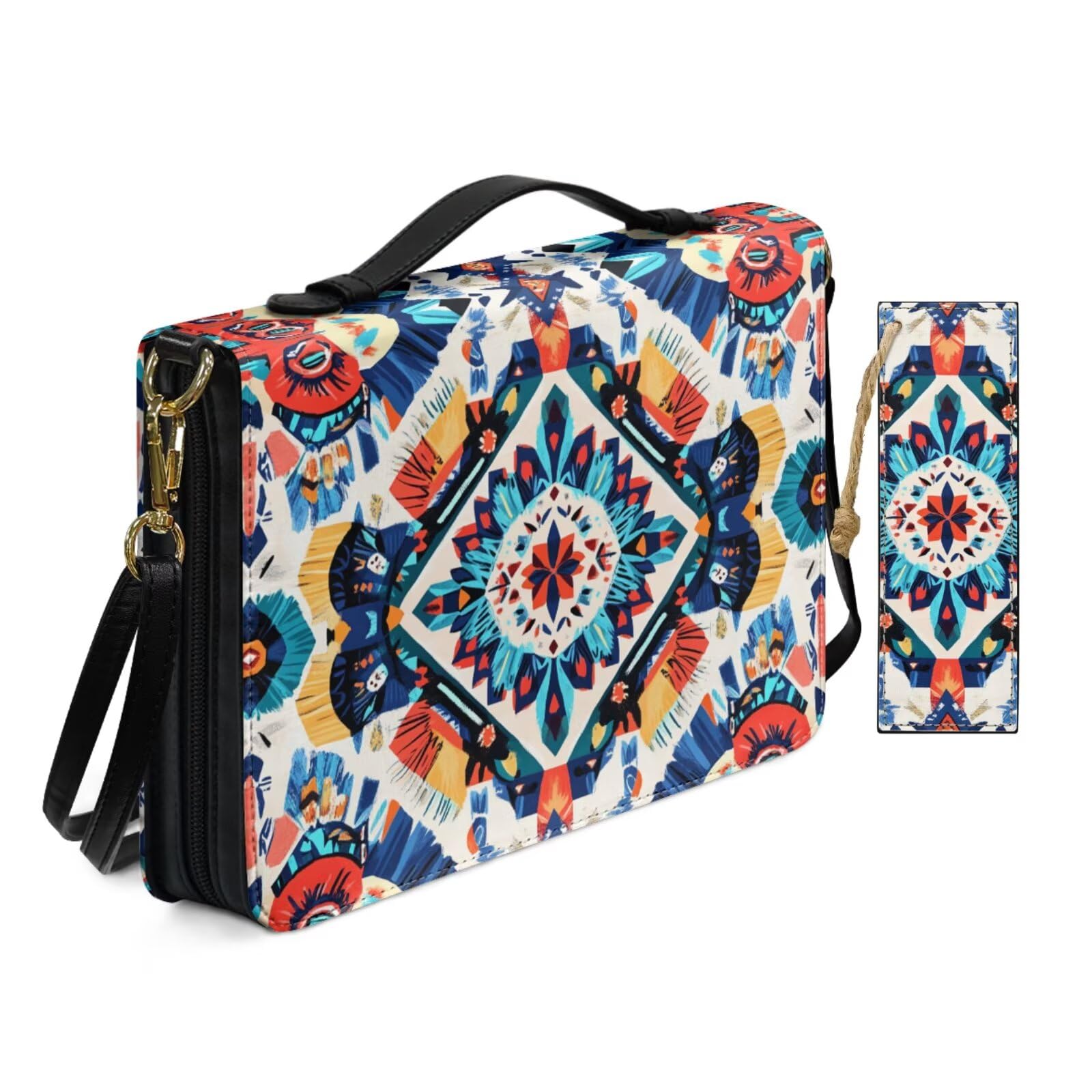 Allcute PU Leather Bible Cover Case for Women Ladies Worship Church Bag with Bookmark Folk Geometric Bible Covers with Shoulder Strap Book Carrying Case