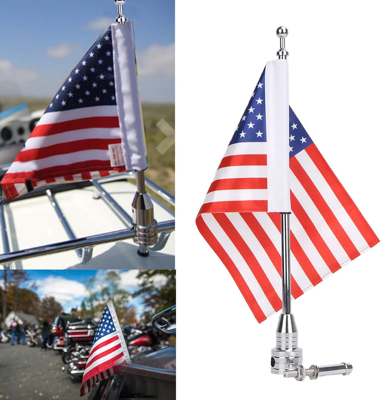 Bandiera Americana 6x9 Per Moto Con Asta Regolabile Pieghevole - Cromata Per Harley Honda