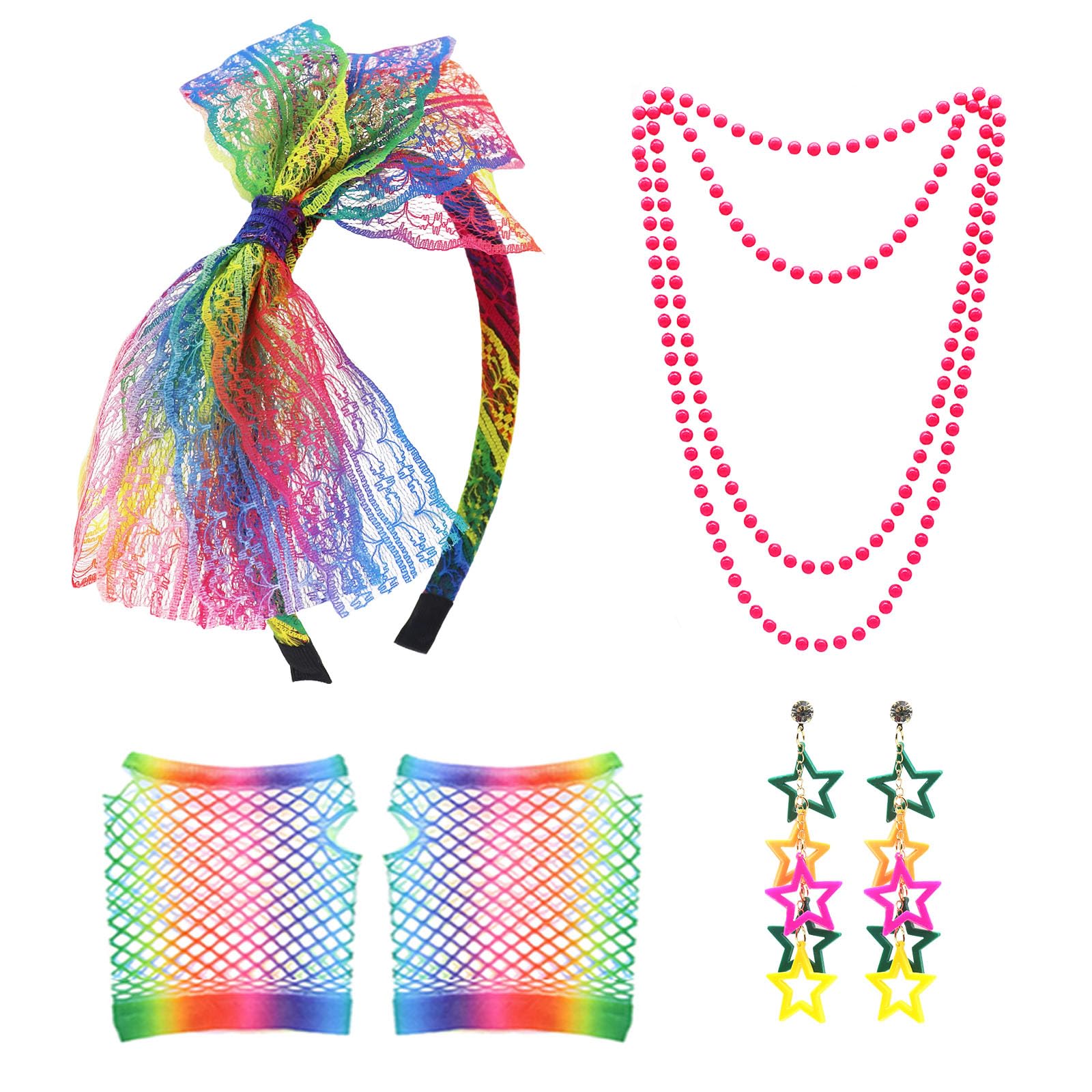 Grantop 80s Fancy Dress Costume Accessories for Women, 1980s Fancy Party Costume Set with Lace Headband Earrings Necklace Fishnet Glove, Fancy Party Costume for Retro Party (Rainbow)