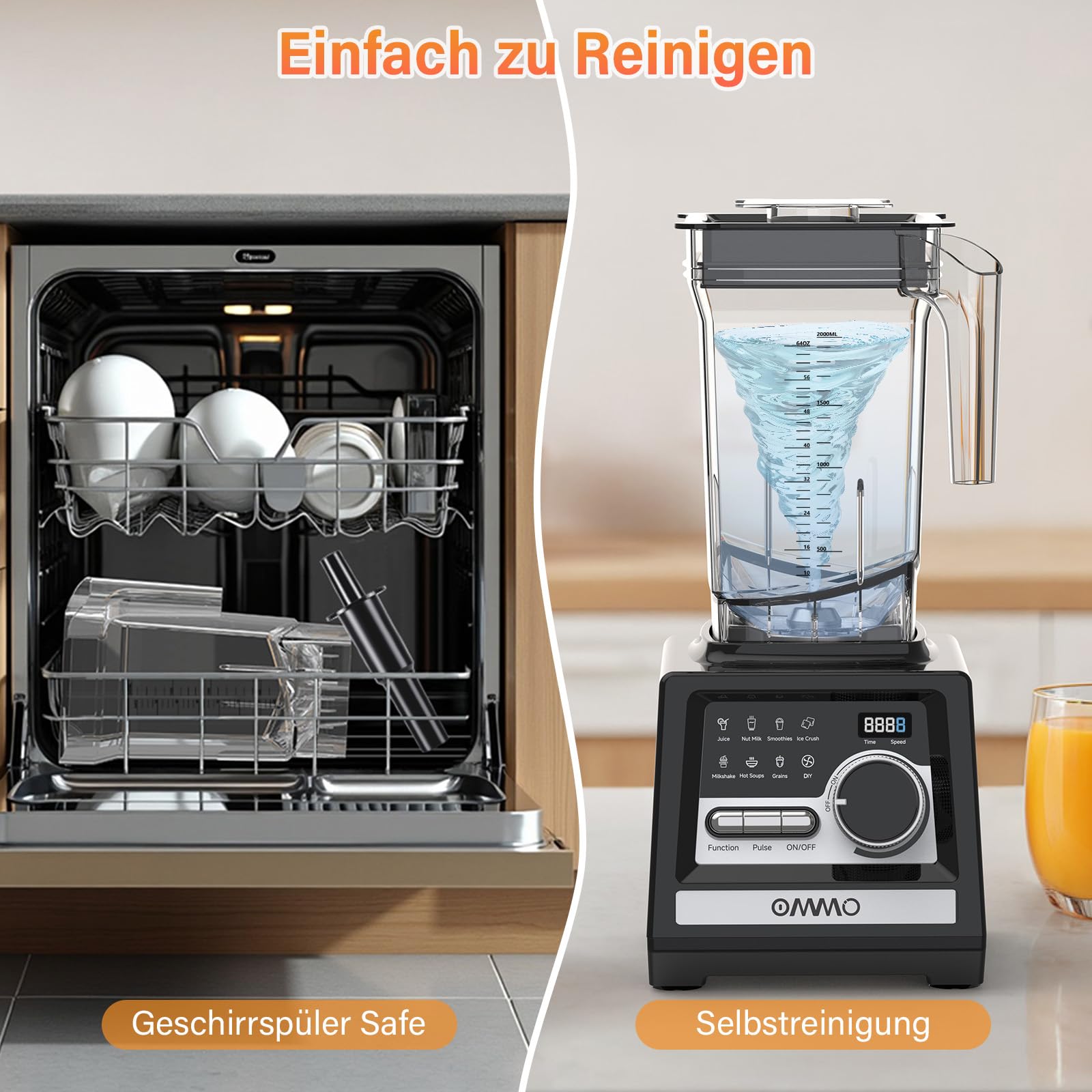 OMMO 2L Standmixer Hochleistungsmixer, Mixer Smoothie Maker mit 9 Geschwindigkeitssteuerungen für Eisbrechen, Milkshakes, Gefriergetränke und Obst, Max 1800W, BPA Frei