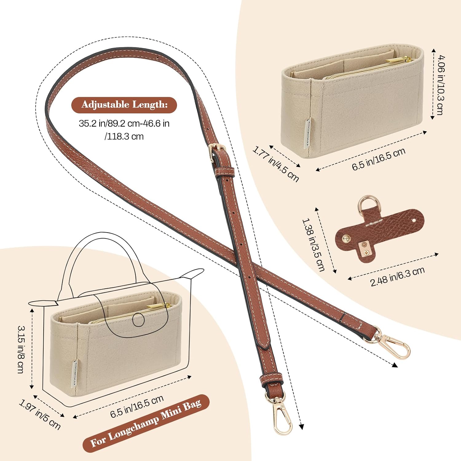 MoKo 2Sets Leather Mini Bag Shoulder Strap for Longchamp, Felt Purse Insert Organizer Mini Bag Replacement, Adjustable Punch-Free Buckle Strap, Brown