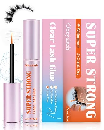 Strong Hold Strip Lash Glue Long Lasting, Waterproof Eyelash Glue for Sensitive Eyes, Latex-Free Quick Dry Clear Eyelash Glue, Precision Brush Tip for Beginner Friendly by Obeyalash White 0.17oz