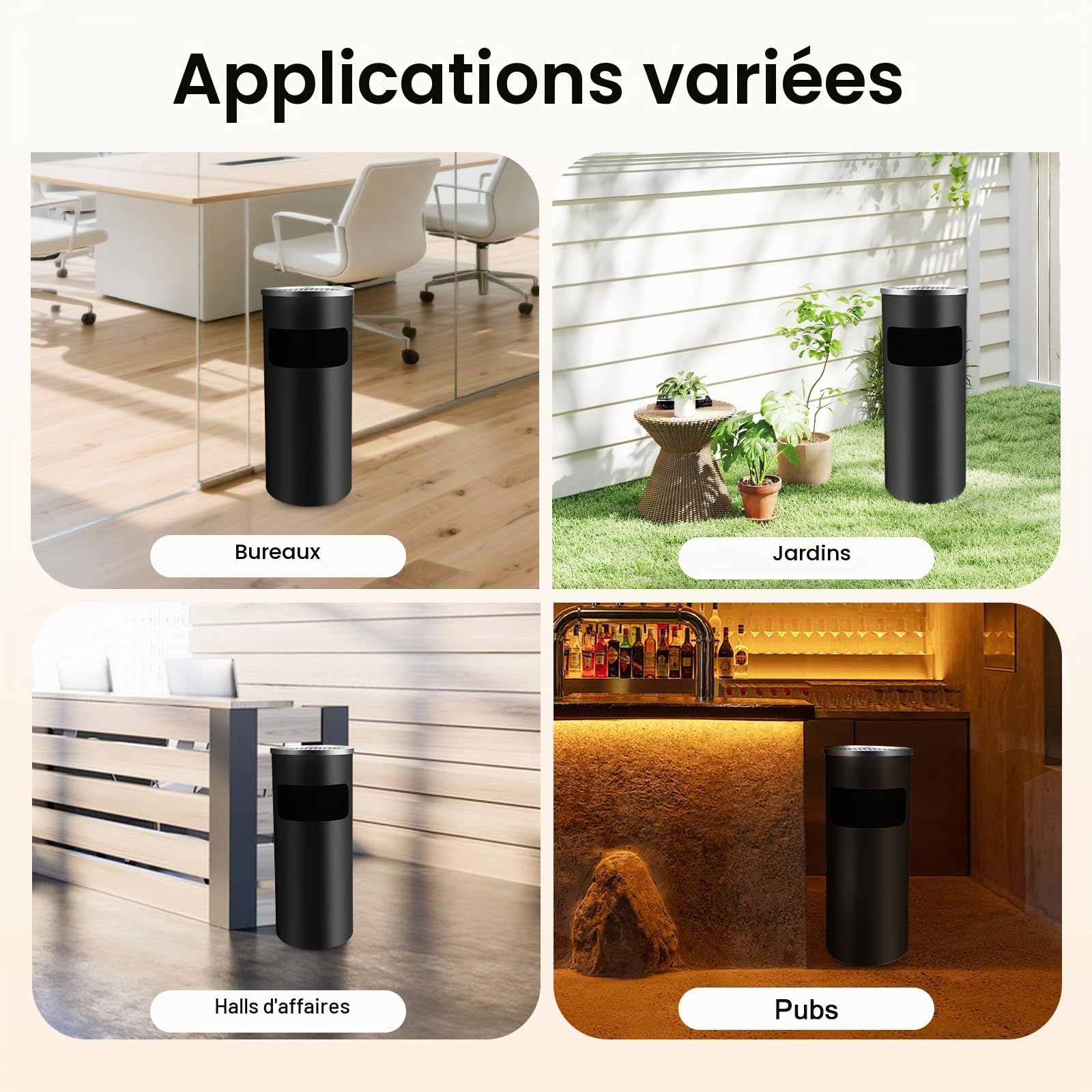 Poubelle en acier inoxydable de 30 litres, cendrier debout, poubelle, poubelle intérieure amovible, poubelle en acier pour bureau, hôtel et jardin (noir)
