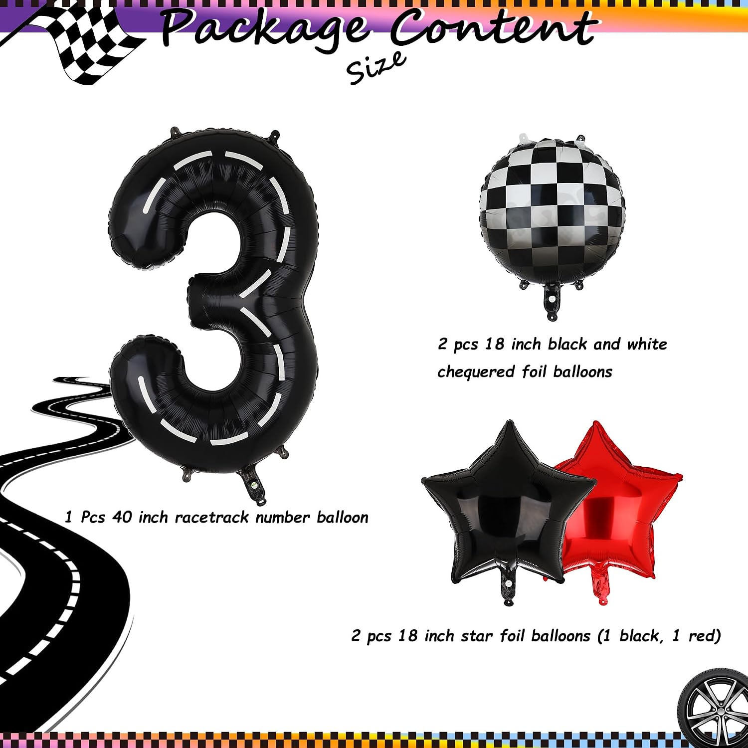 Race Car Birthday Balloons 40 Inch Racetrack Number Balloon 3 Black 5 Pcs image 2