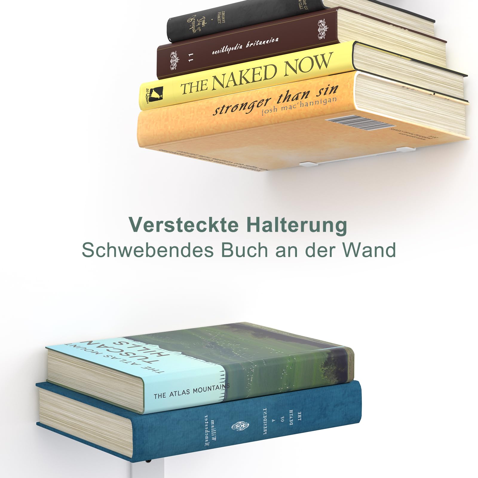 Mefirt Unsichtbare Bücherregale, 8 Stöckiger Vertikaler Bücherturm, Schwebendes Bücherregal für die Wand, Verstecktes Bücherregal aus Metall für das Schlafzimmer, Dekoration im Heimbüro, 4er Set, Weiß