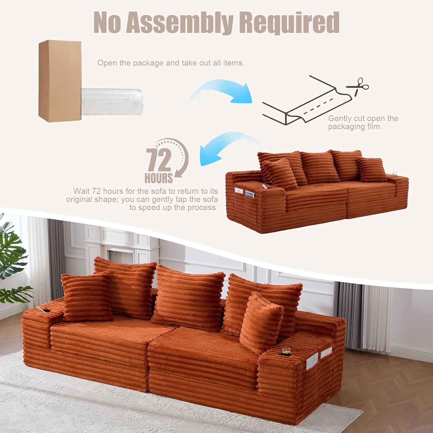 3 Seater Convertible Folding Sofa Bed, 107'' Pull Out Sleeper Sofa with 5 Pillows, Boneless Loveseat Foldable Couches for Living Room, Floor Futon Sofa Queen Size Couch Bed