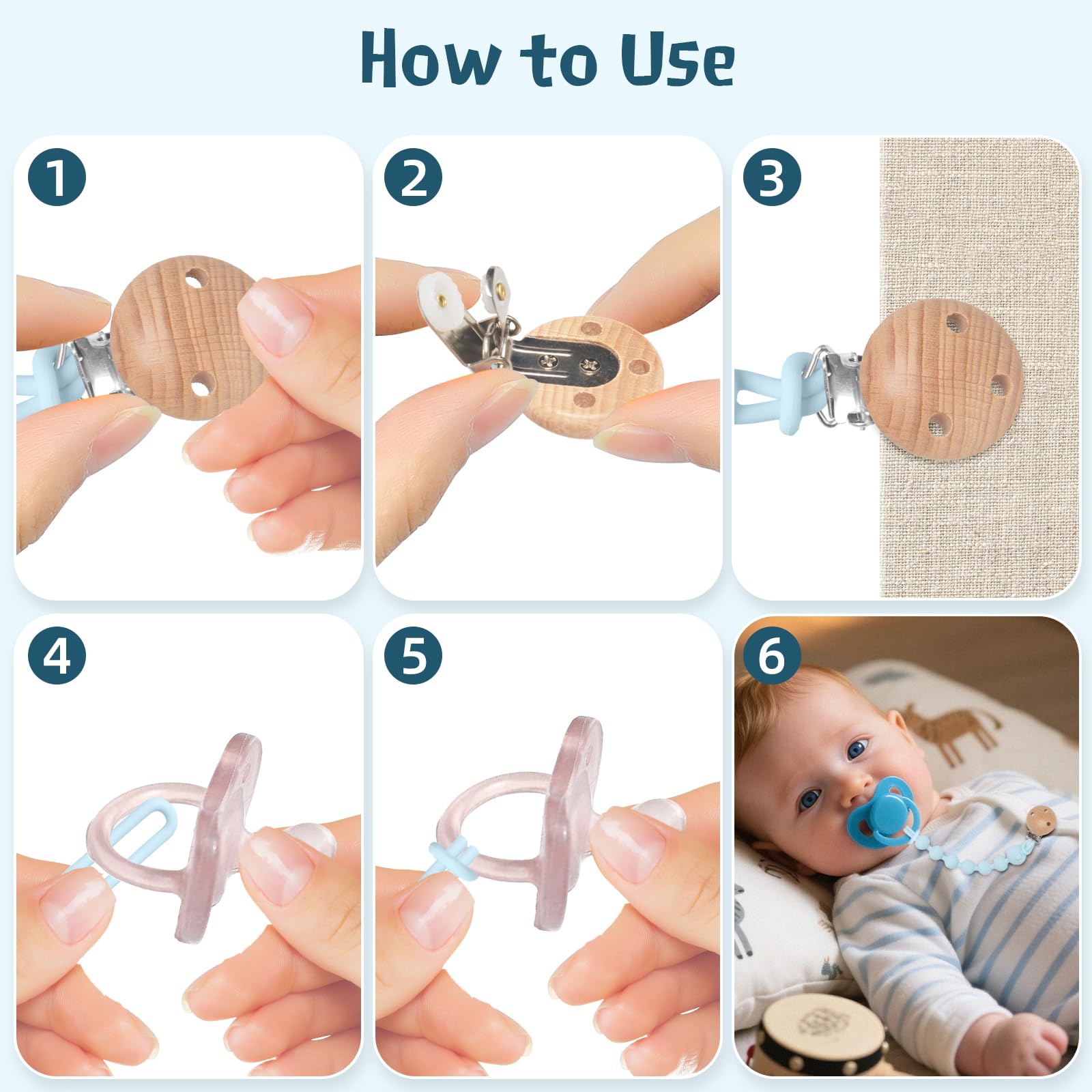 4 catenelle per ciuccio, in silicone, flessibilità, facile da pulire, catena per ciuccio e massaggiagengive 2 in 1, design 2 in 1, catenella per ciuccio, in legno, portabilità, aiuto dentale per