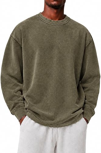 Crew Neck Long Sleeve Shirts for Men Vintage Washed Tops Casual Sweatshirts