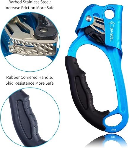 Miniatura 27 de Ascensor de mano CE, equipo de engranaje de rapel de 308.6 lbs con mango de goma ergonómico para arbolista de árboles de escalada en roca, negro