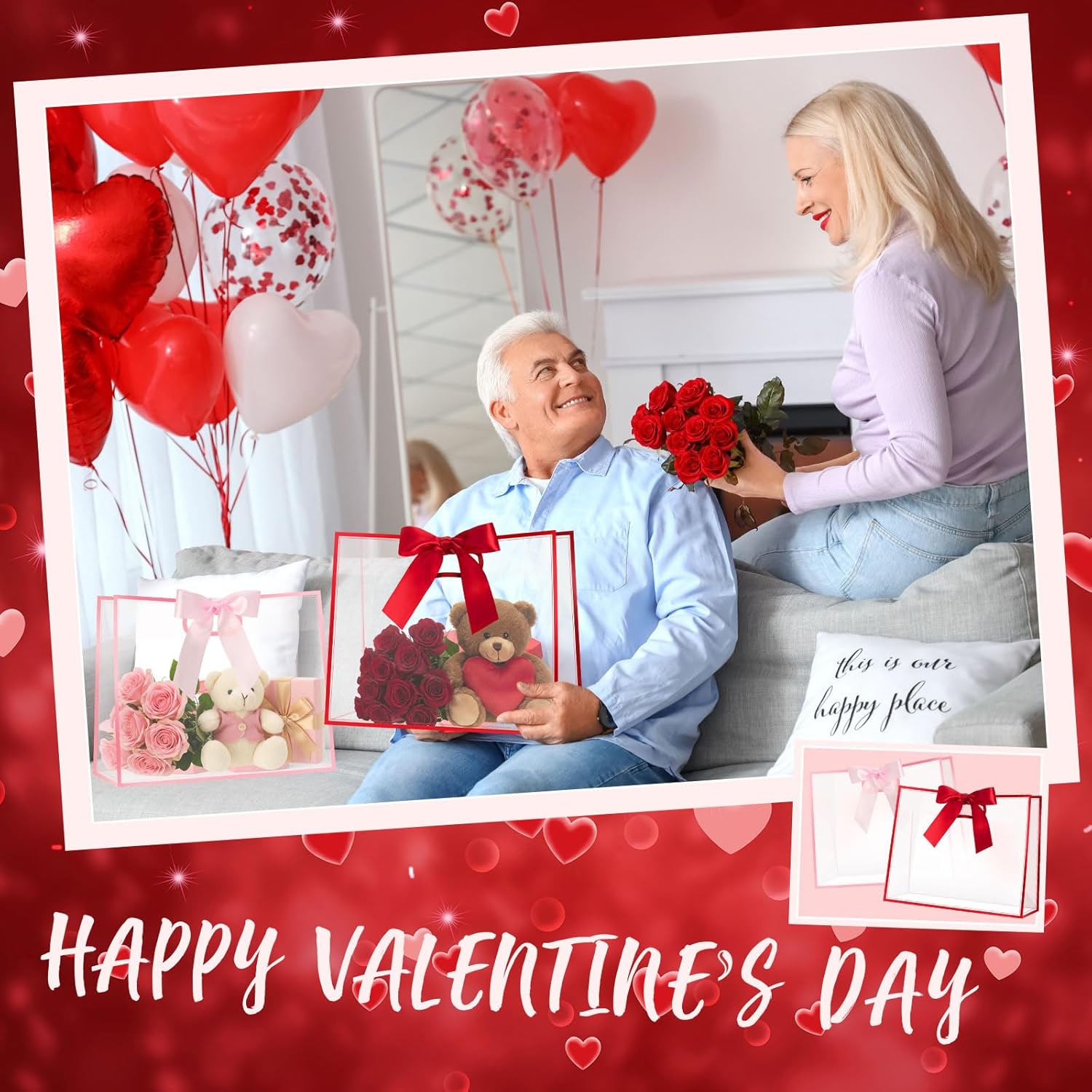 Kosiz 12 Pcs Valentine's Day Clear Plastic Gift Bags with Handle 12.2 x 9.8 x 5.1 Inch Reusable Red Pink Party Favor Bags with Ribbon Transparent Gift Wrap for Valentine's Day Birthday Wedding - Image 2