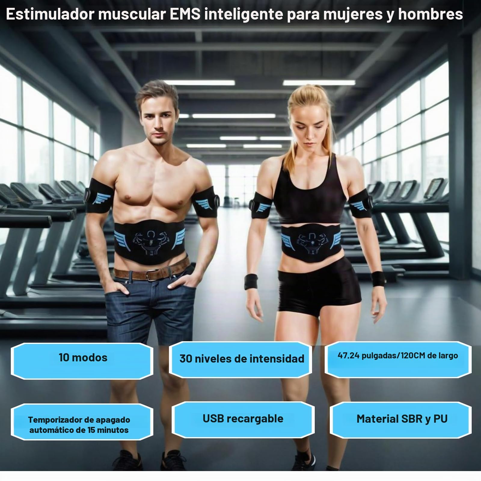 Estimulador Muscular EMS, Cinturón Abdominal con 10 Modos y 30 Niveles, Carga USB y Temporizador, Equipo de Fitness Portátil para Casa y Oficina, para Entrenamiento de Abdomen, Brazos y Adelgazamiento