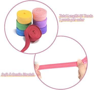 Fold Over Elastic Ribbon - 40 Yards, 40 Colors Multicolor, Solid Color Stretchy Elastic for Sewing, DIY Craft Elastic Band for Hair Bows, Headbands, Hair Ties, Colored Elastic Trim