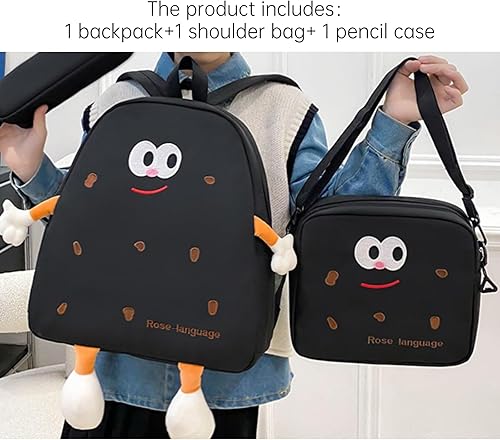 Miniatura 6 de Colección de 3 piezas con bolsa de hombro y estuche para lápices, mochila kawaii, mochila casual linda mochila, Negro -, Grande