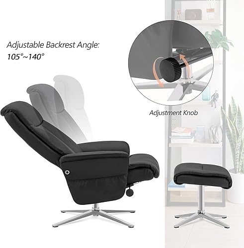 Miniatura 6 de MCombo Sillón reclinable giratorio con otomana, moderna base de aluminio resistente, silla de salón de piel sintética para espacios pequeños, sala