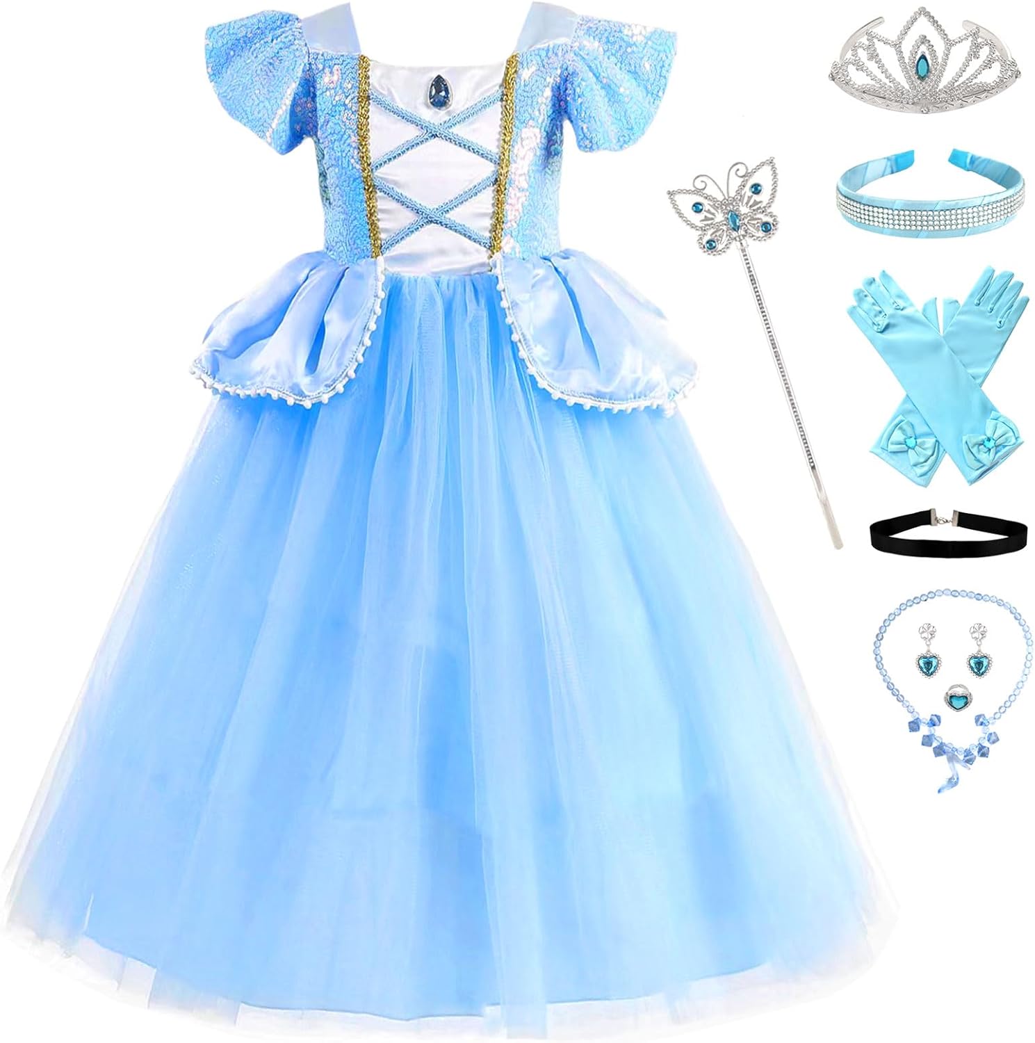 Blue Princess Costume Dress for Girls Kids Halloween Cosplay Party Outfit with Accessories 9-10 Years