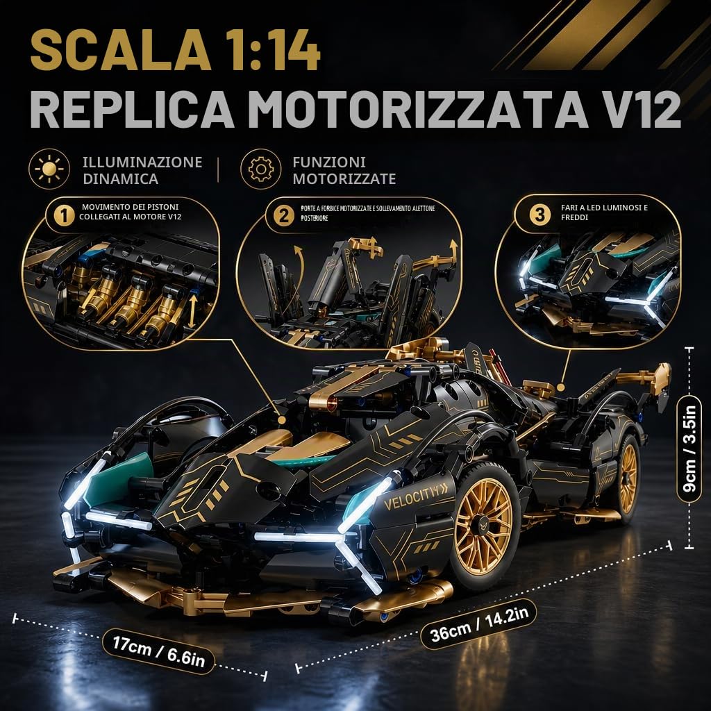 auto RC, auto telecomandata, 1:14 con LED Modello Kit | Auto RC: luci LED, funzioni motorizzate e doppio controllo; costruzione in famiglia, guida indoor, esposizione e regalo
