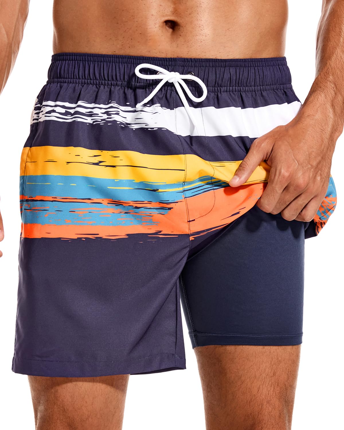 SILKWORLD Mens Swimming Trunks with Compression Liner 2 in 1 Quick-Dry Swim Shorts with Zipper Pockets