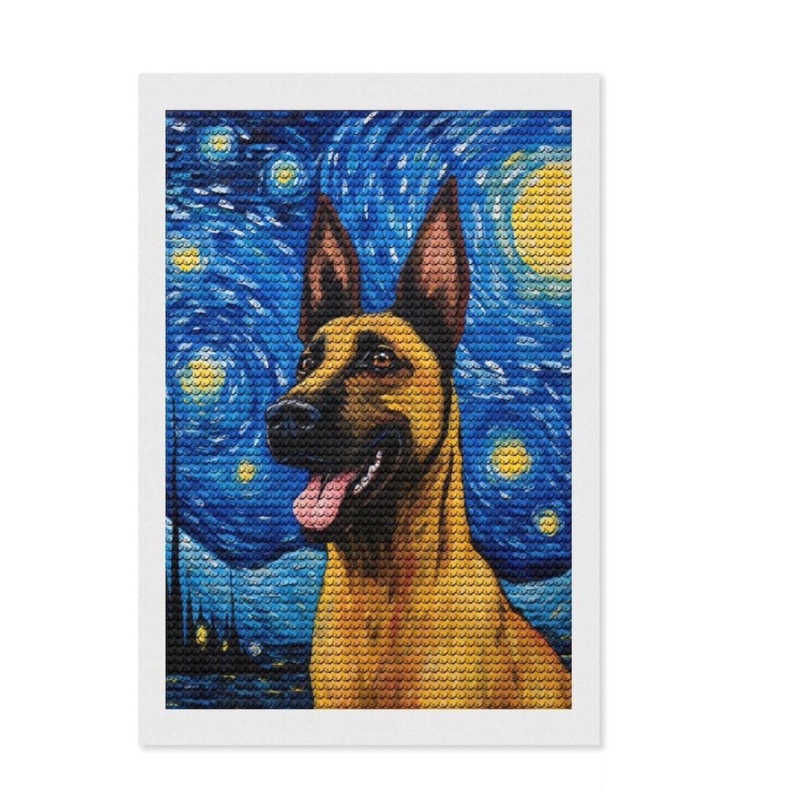 Junmoney Belgian Malinois Night Diamond Painting Set 8"x12", Decorate Your Room, Neat Printed Canvas, Easy Handmade Project, Farmhouse Decor