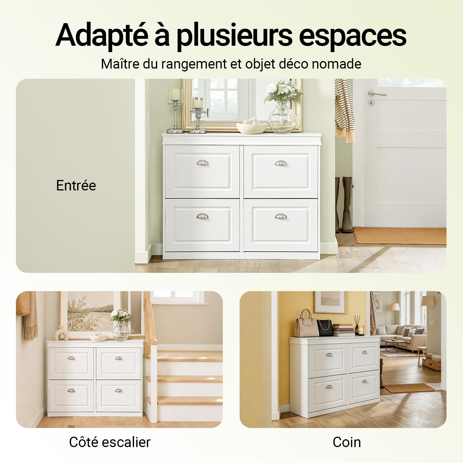 SoBuy Meuble Chaussures avec 4 abattants 105x24x83cm pour entrée | Range chaussures 16 paires, MDF E1 FSC, séparateurs réglables, dos semi-ouvert, blanc FSR79-W