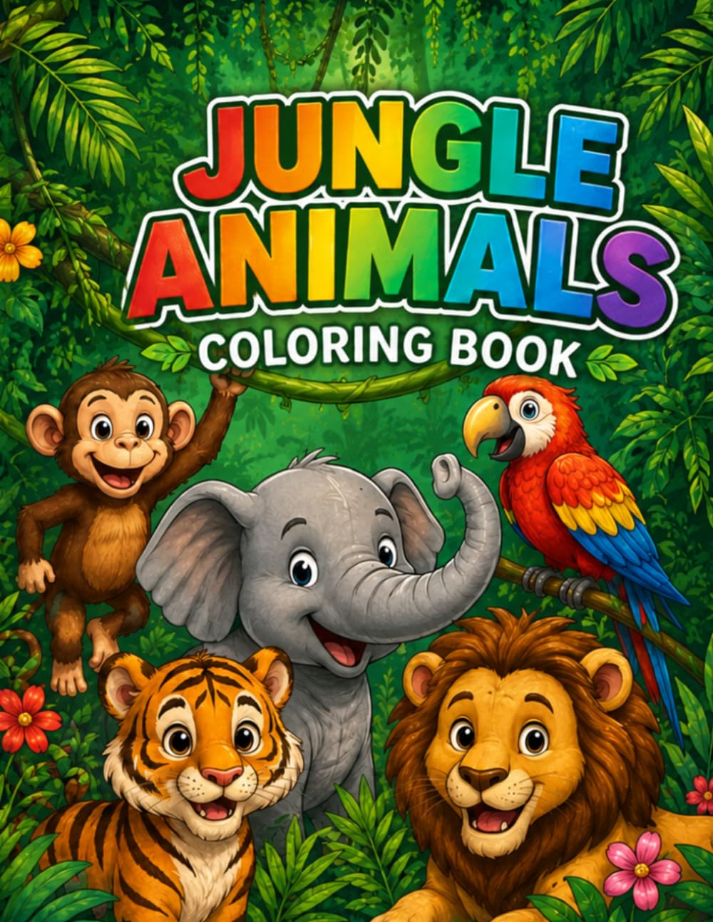 JUNGLE ANIMALS COLORING BOOK: 50 Cute and Easy Jungle Animal Coloring Pages for Kids Ages 3-7