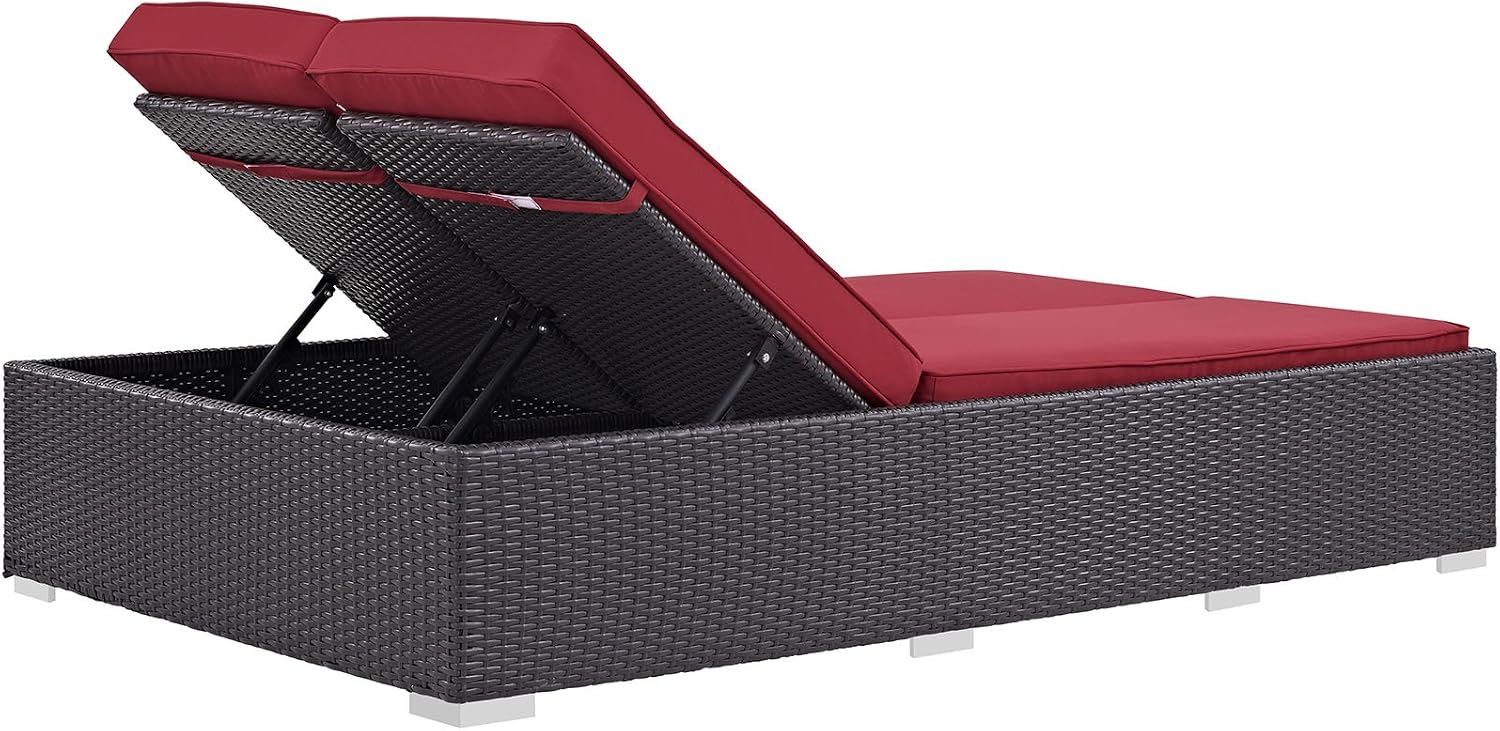 Modway Convene Wicker Rattan Outdoor Patio Upholstered Double Chaise Chair in Espresso Red