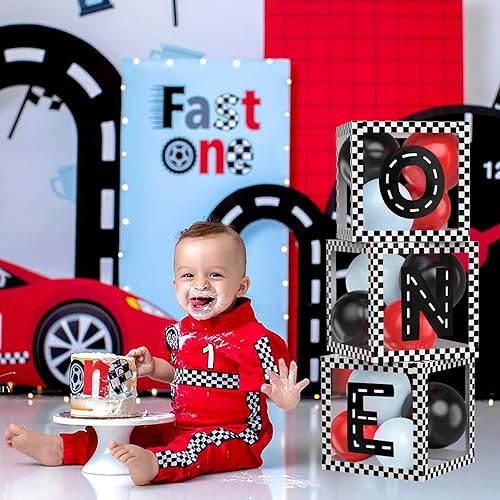 Miniatura 3 de Fast One - Decoraciones de cumpleaños para niños, cajas de letras de autos de carreras con globos, un bloque para la primera vuelta alrededor