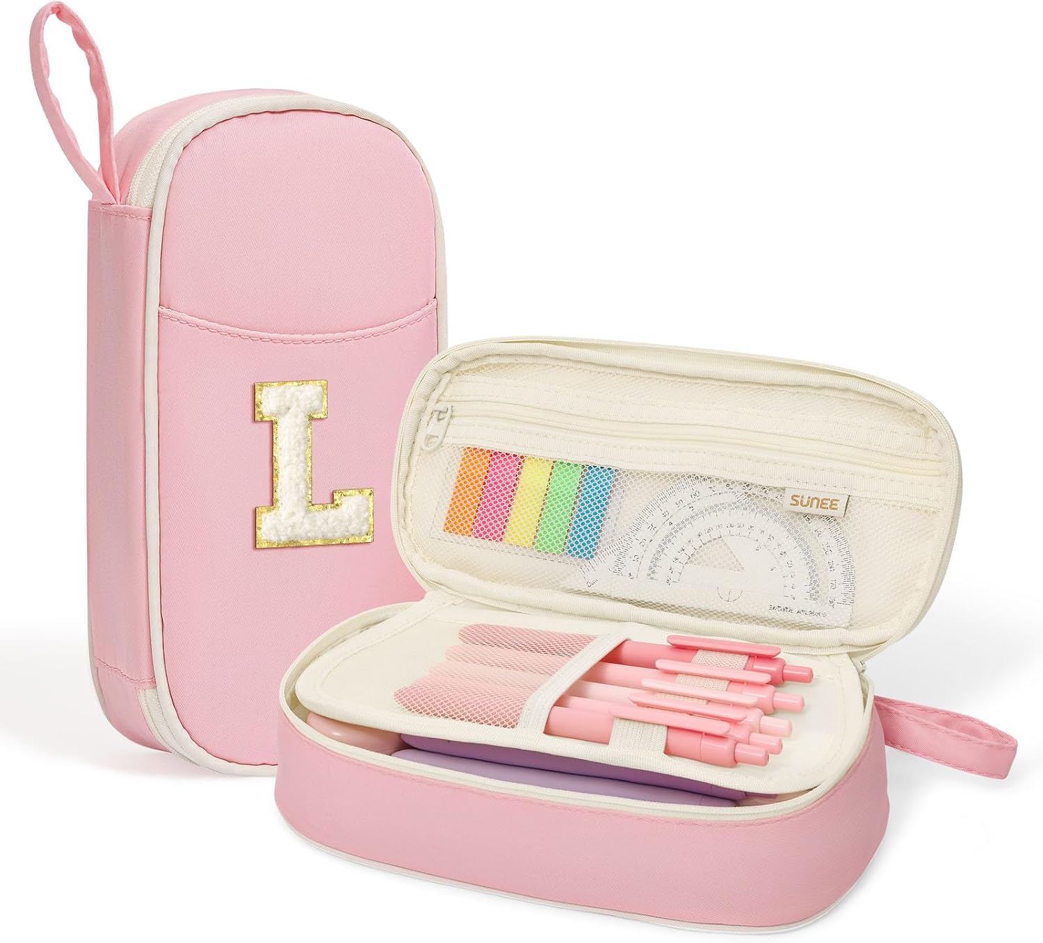 SUNEE Cute Pencil Case, Kawaii Big Capacity Pencil Pouch, Personalized Initial Pencil Bag with Zipper, Stationery Storage and Organizer, Back to School Supplies, Pen Box for Girls & Boys, Teen, L-Pink