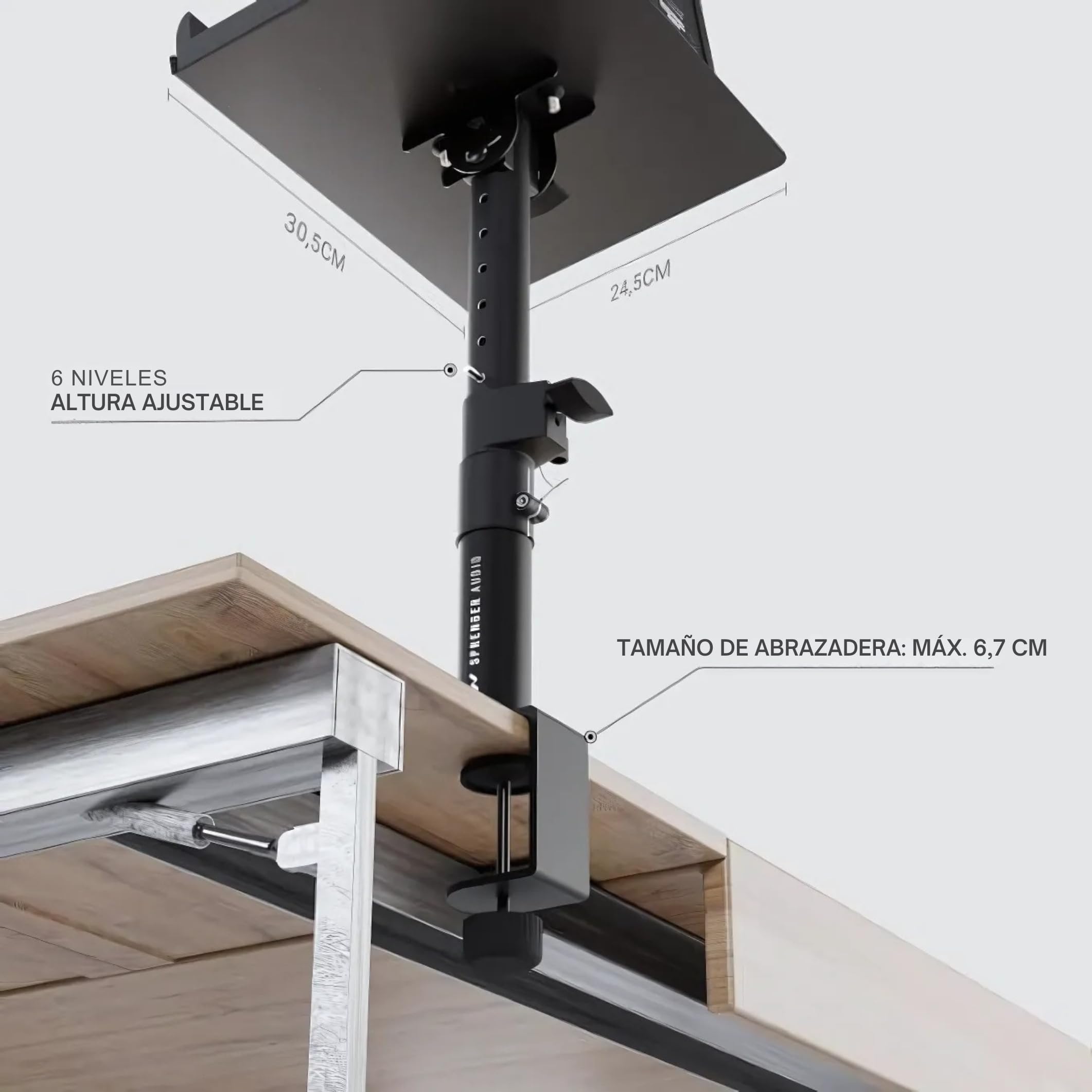 Soporte para Altavoz con Montaje de Escritorio – Inclinable ±20°, hasta 28 kg – con Absorbedor de Espuma – Robusto – para Estudio, Escritorio & DJ - Negro