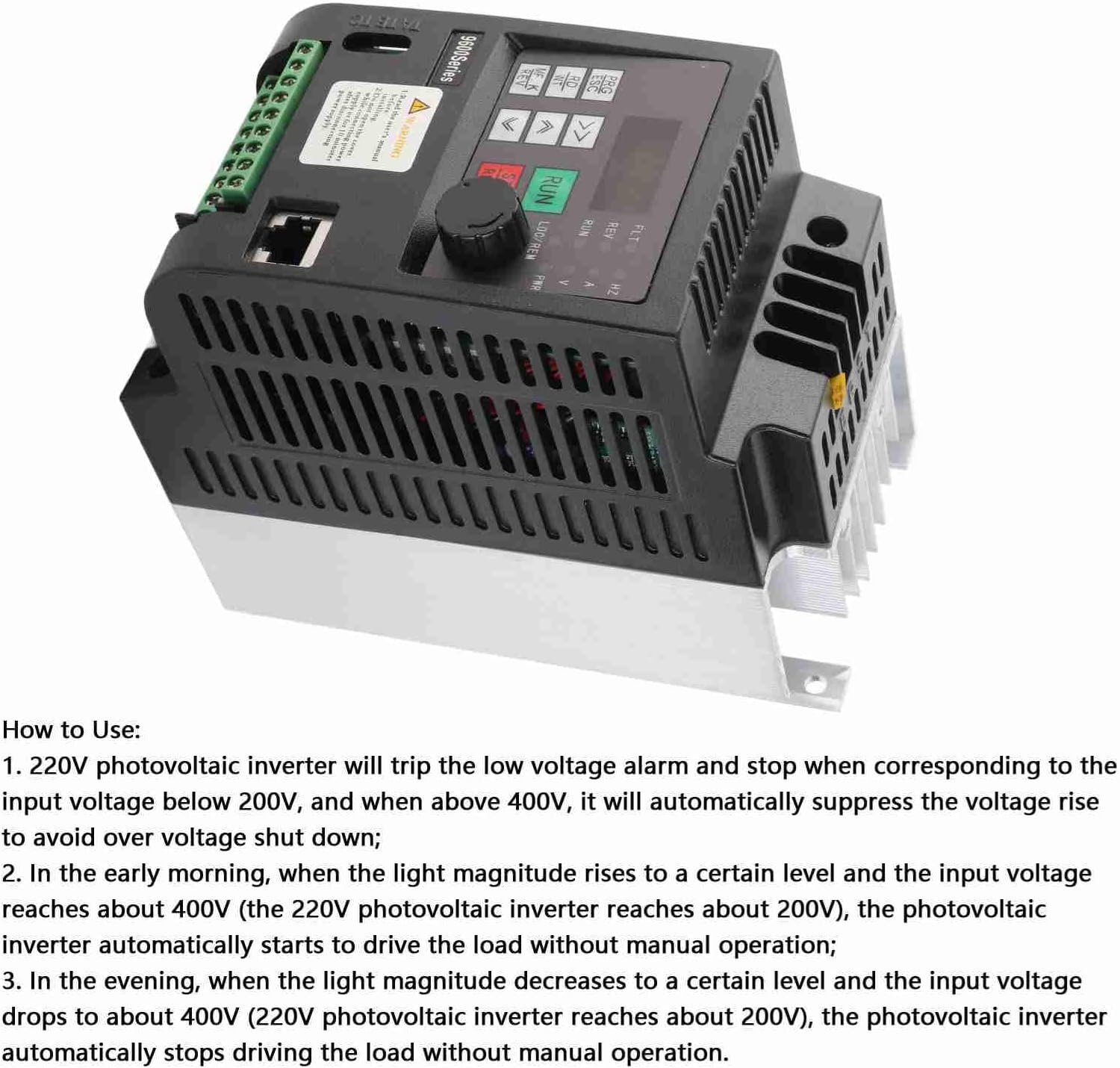 Eujgoov VFD Solar Inverter with dimensions labeled.